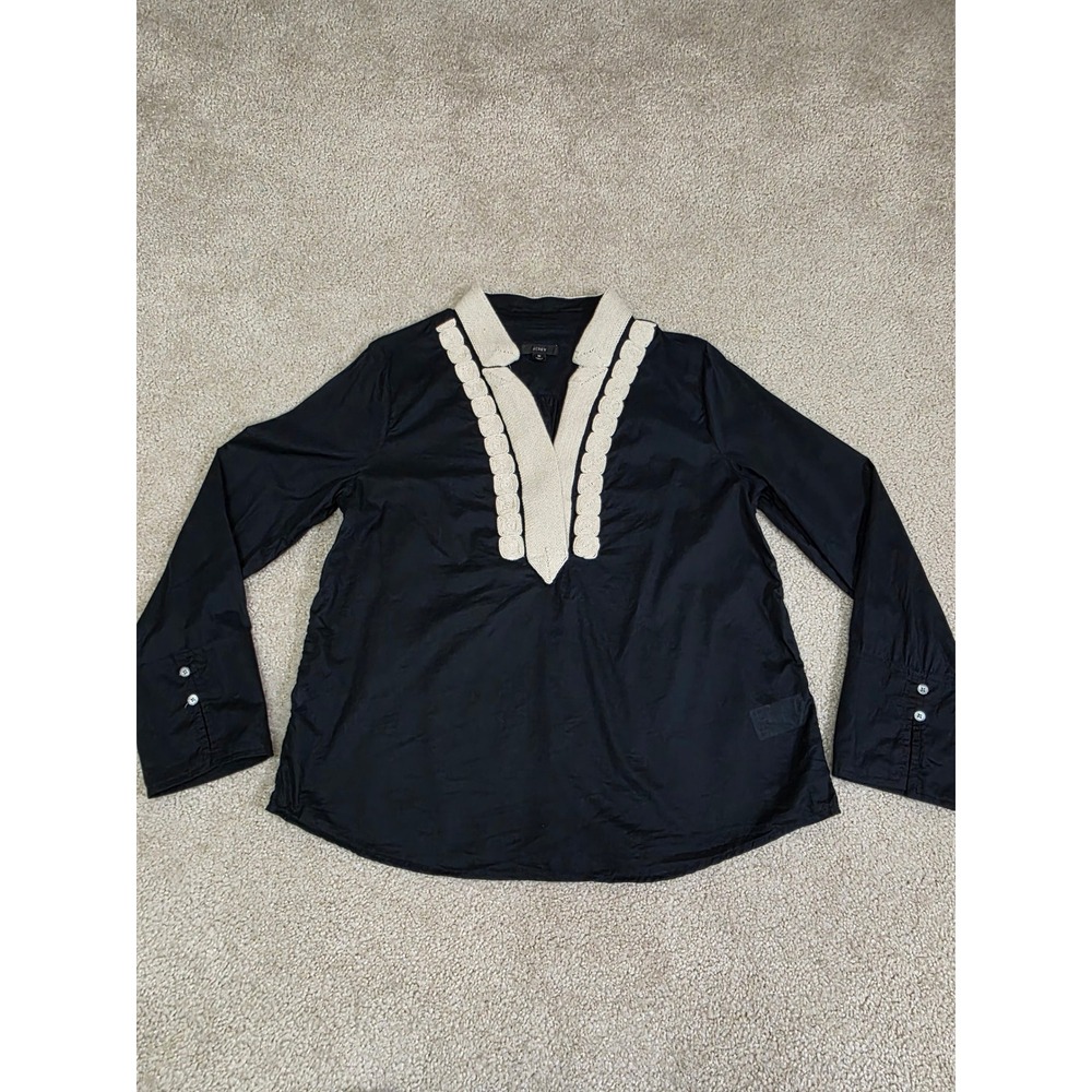 J.Crew Black Cotton Rope Trim V-Neck Tunic Blouse Long Sleeve Womens Medium